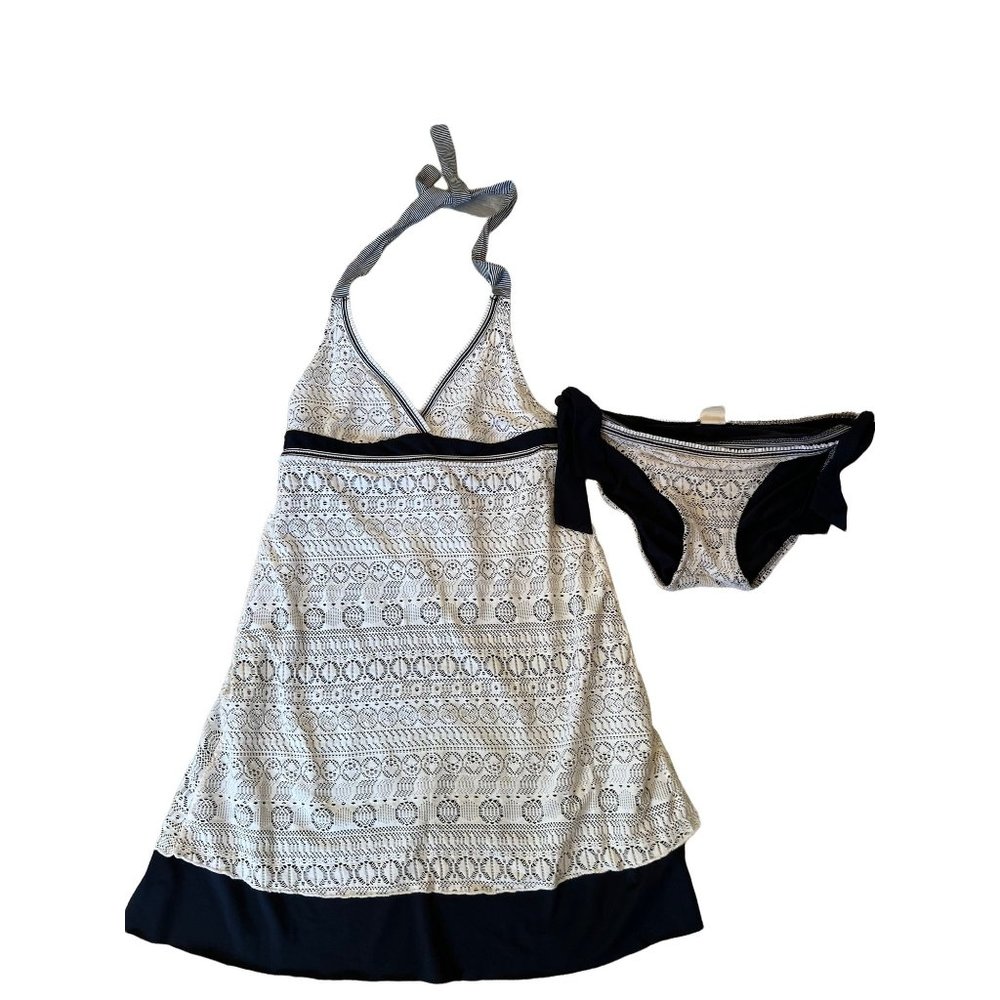 Becca Swimsuit Size Large BECCA Bikini Black, White Long Tankini Bathing Suit Wo